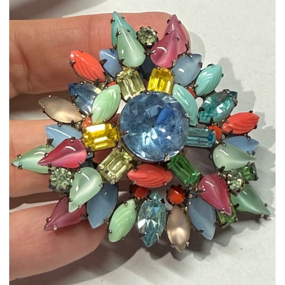 vintage rhinestone brooch pin multicolored layered‎ gaudy mixed media 2.25"